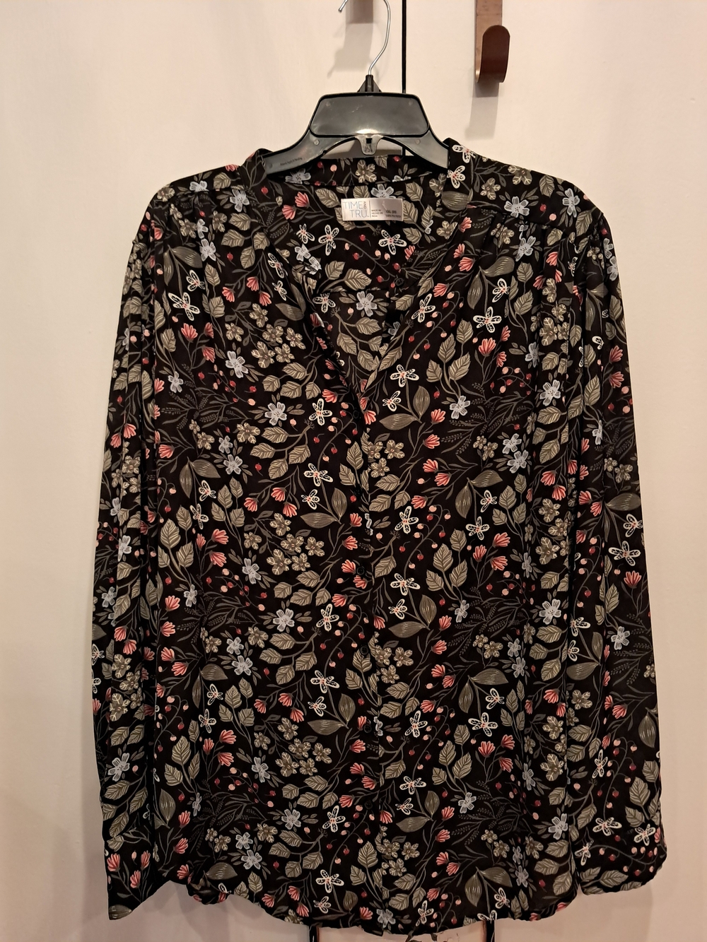 Time and Tru Black Floral V-Neck Blouse with Pink & Cream Accents